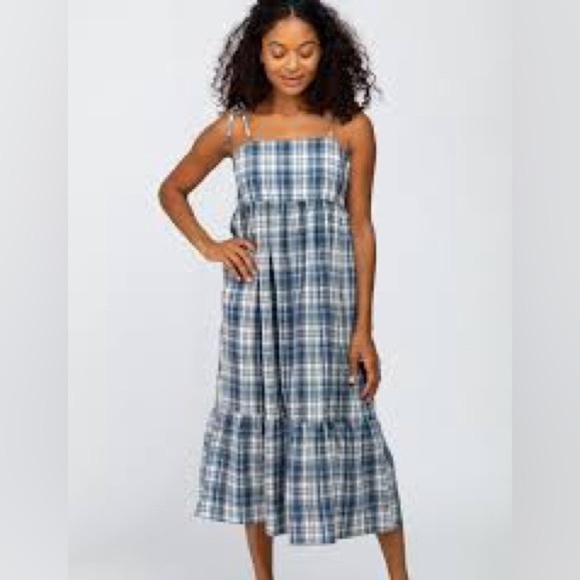 Anthropologie Blue and White Plaid Tiered Midi Sundress - Picture 1 of 11